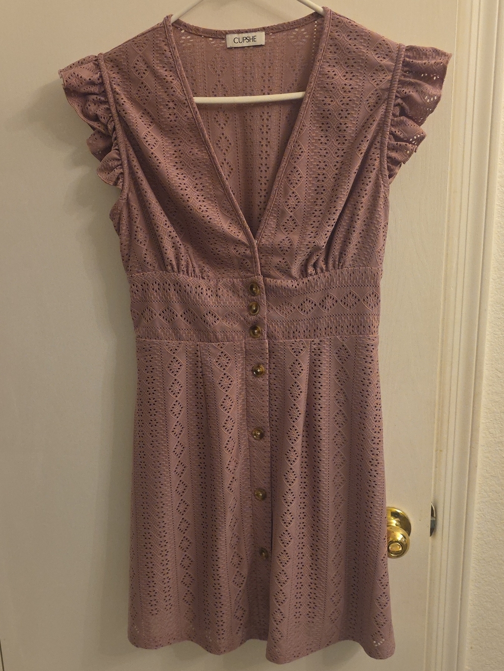 Cupshe Dusty Mauve Eyelet V‑Neck Button Dress